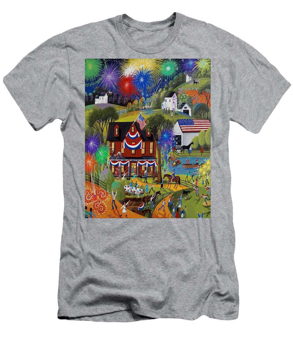 Farm T-Shirt featuring the painting Fourth Of July - Fireworks on the farm by Debbie Criswell