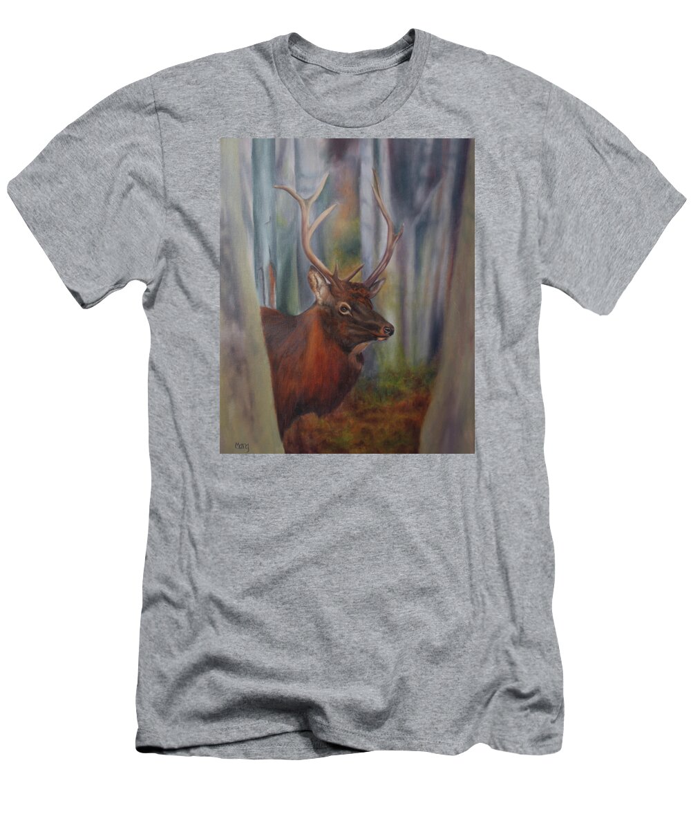 Elk; Gaming; Woods; Antlers T-Shirt featuring the painting Game by Marg Wolf