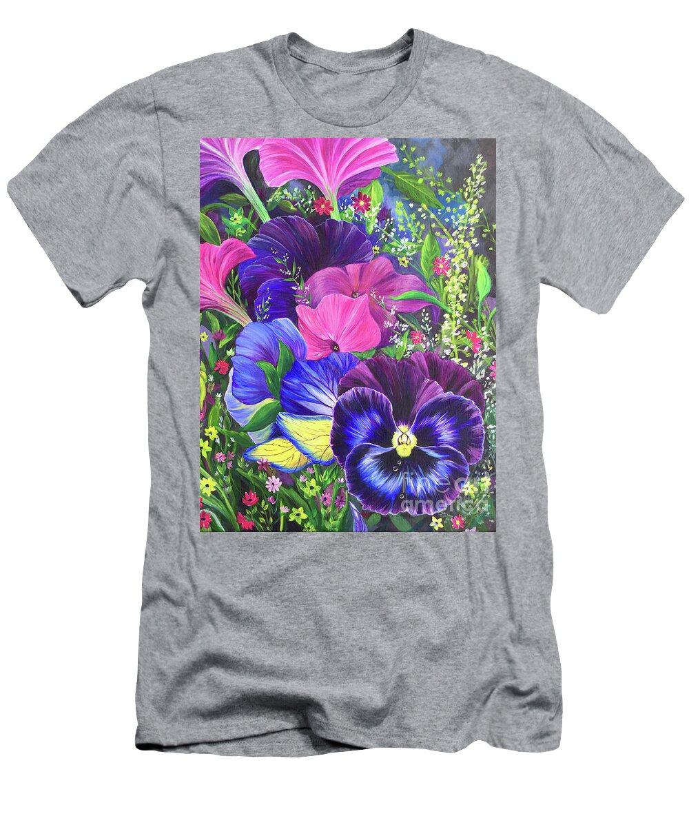 Pansies T-Shirt featuring the painting Garden Party by Nancy Cupp