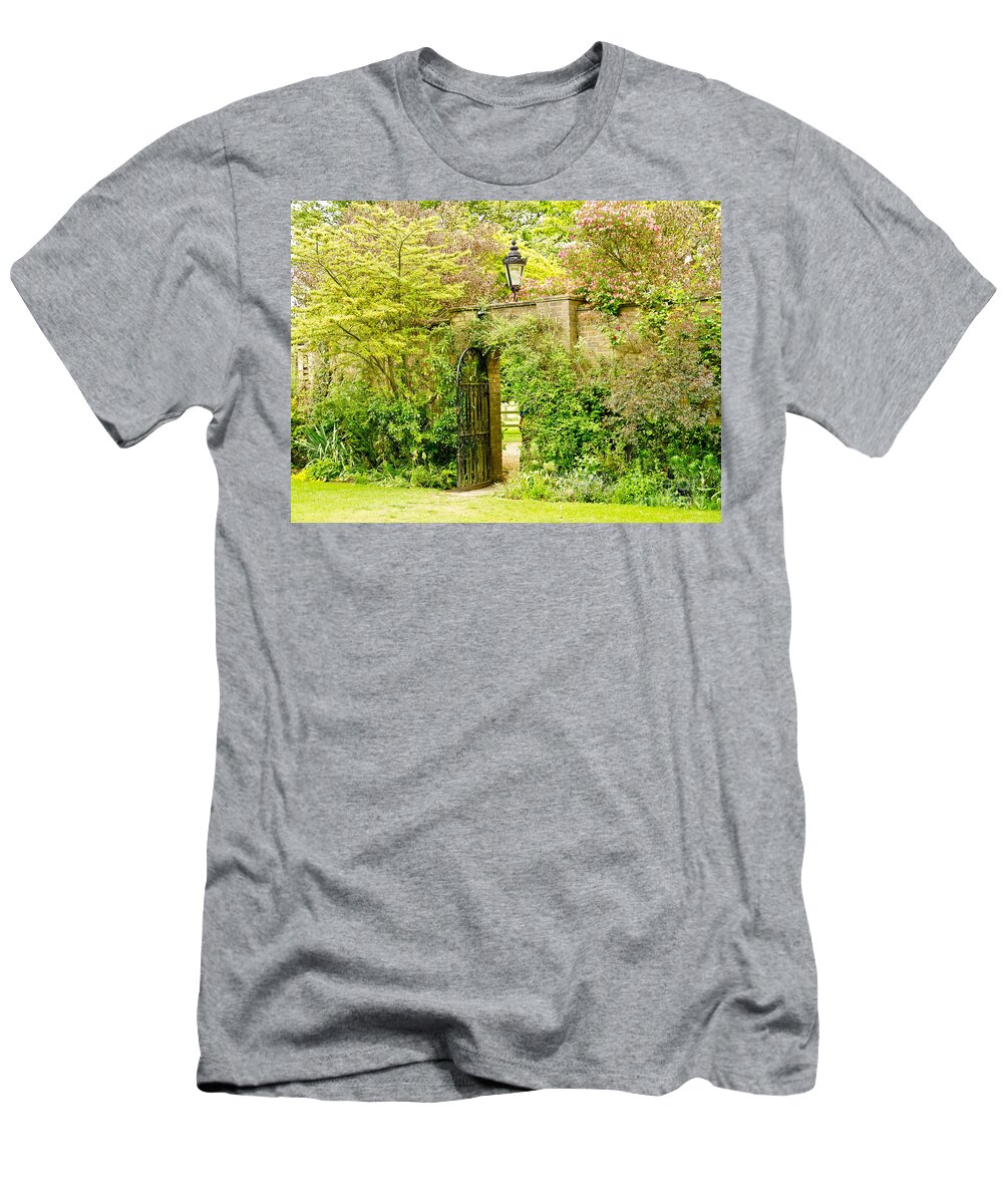 Garden Wall T-Shirt featuring the photograph Garden Wall With Iron Gate And Lantern. by Elena Perelman