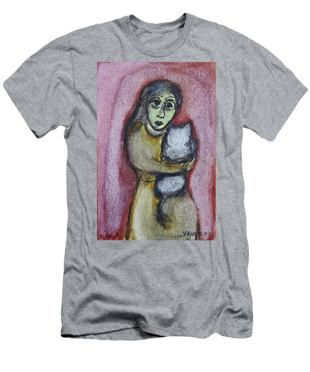 Katt Yanda Original Art Watercolor Girl Lady Woman Holding White Cat T-Shirt featuring the pastel Girl with White Cat by Katt Yanda