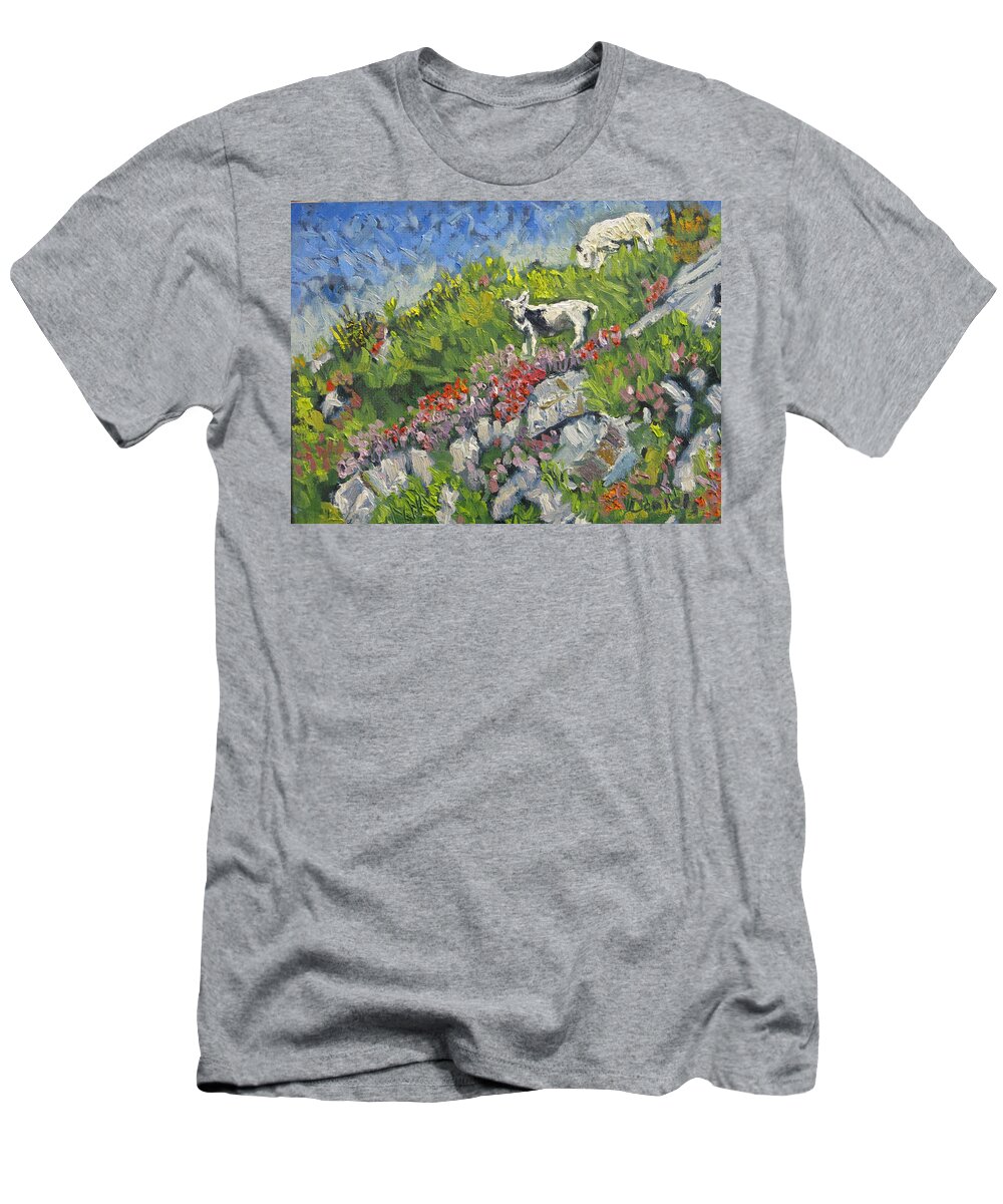Goat T-Shirt featuring the painting Goats on Hill by Michael Daniels