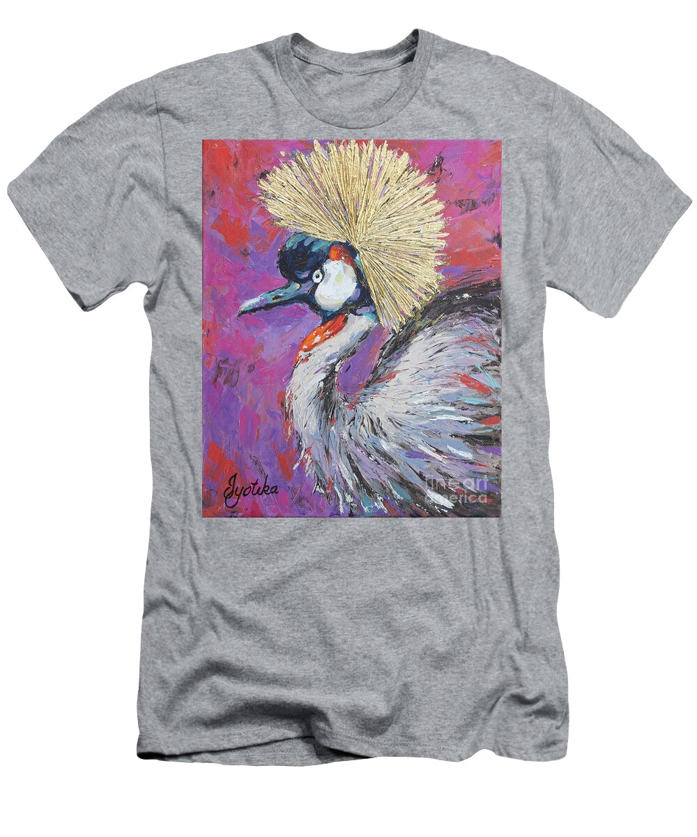 Grey Crowned Crane T-Shirt featuring the painting Golden Crown by Jyotika Shroff