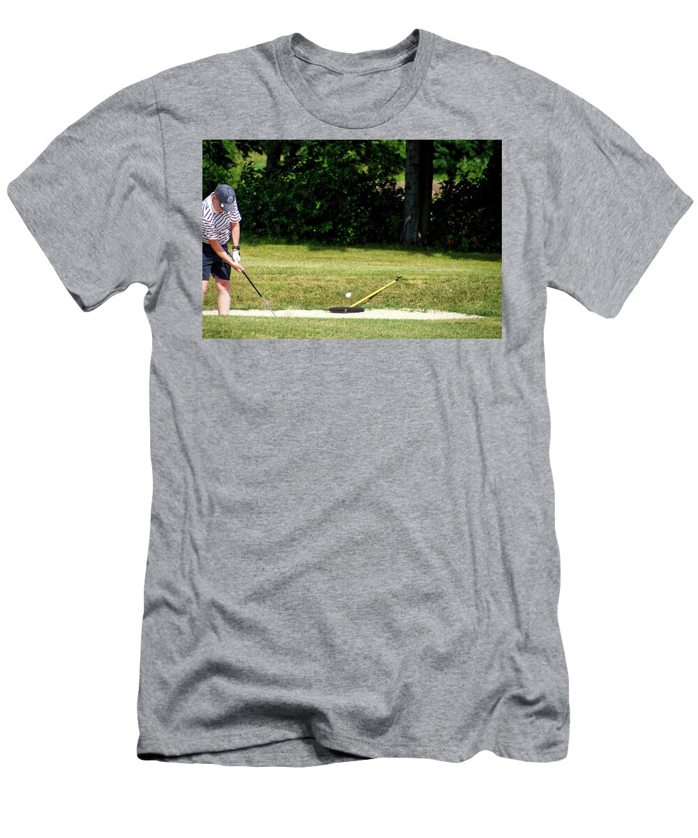 New York T-Shirt featuring the photograph Golfing Sand Trap The Ball In Flight 02 by Thomas Woolworth