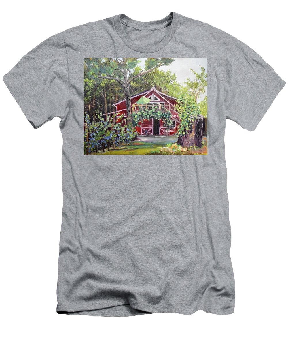 Ellijay River Vineyard T-Shirt featuring the painting Gracie's Place at Ellijay River Vineyard - Ellijay, GA by Jan Dappen