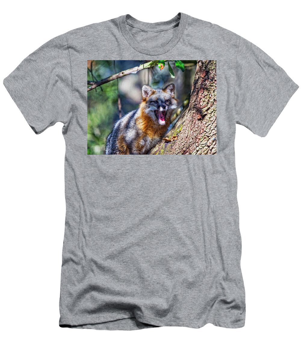 Nature T-Shirt featuring the digital art Gray Fox Awakens In The Tree by DB Hayes