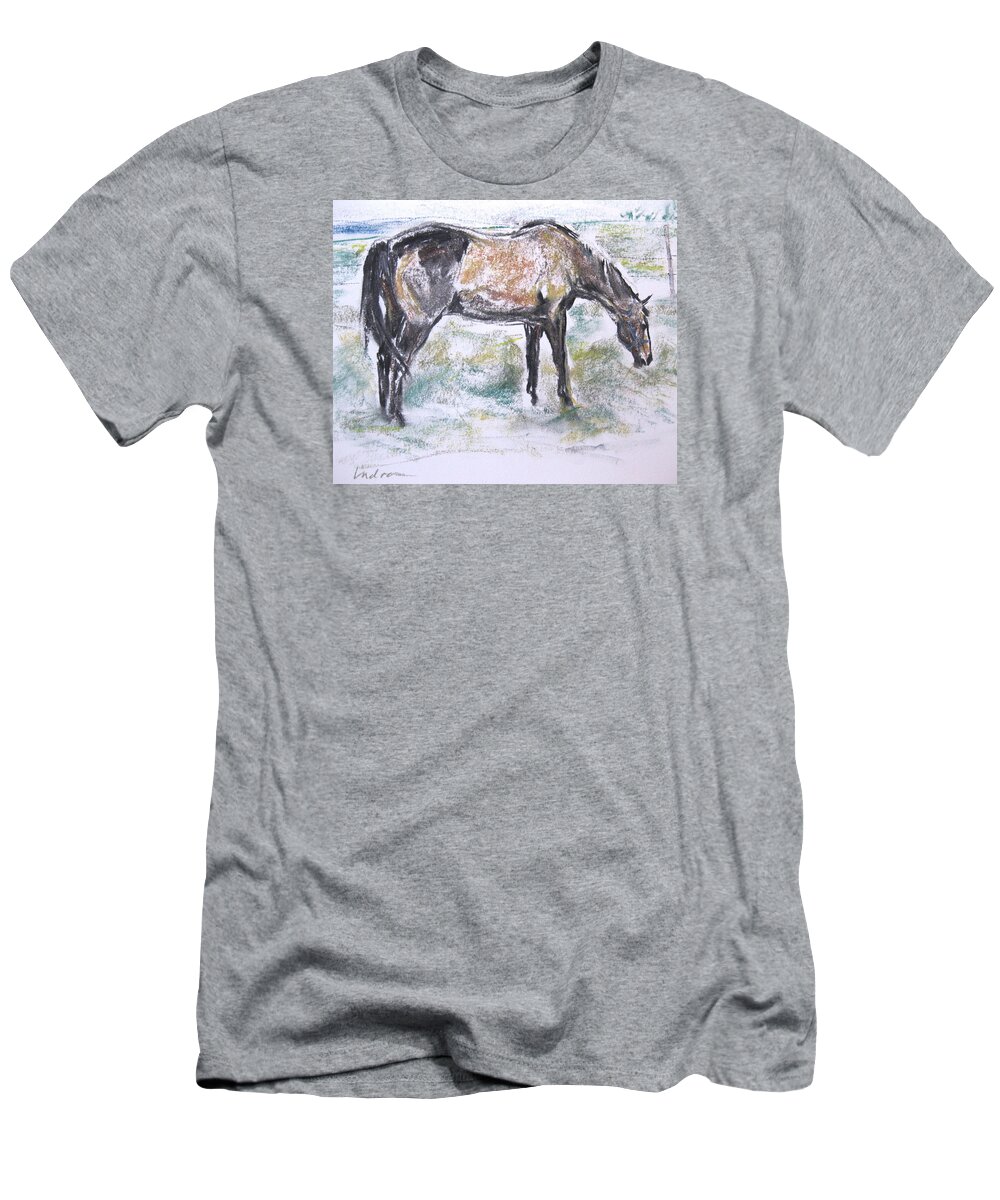 Horse T-Shirt featuring the drawing Grazing horse by Indra Singh