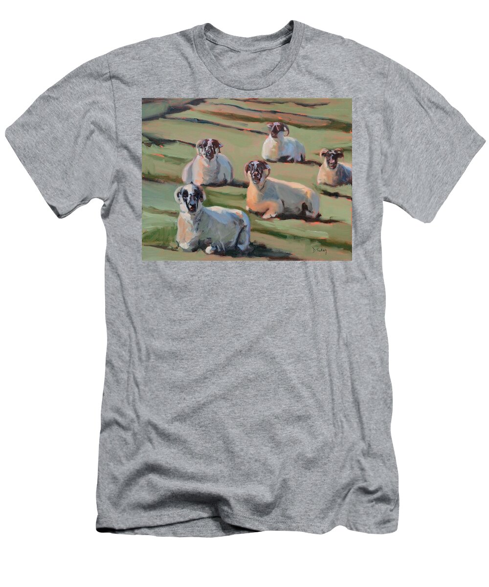 Sheep T-Shirt featuring the painting Green Hill Sheep at Rest by Donna Tuten