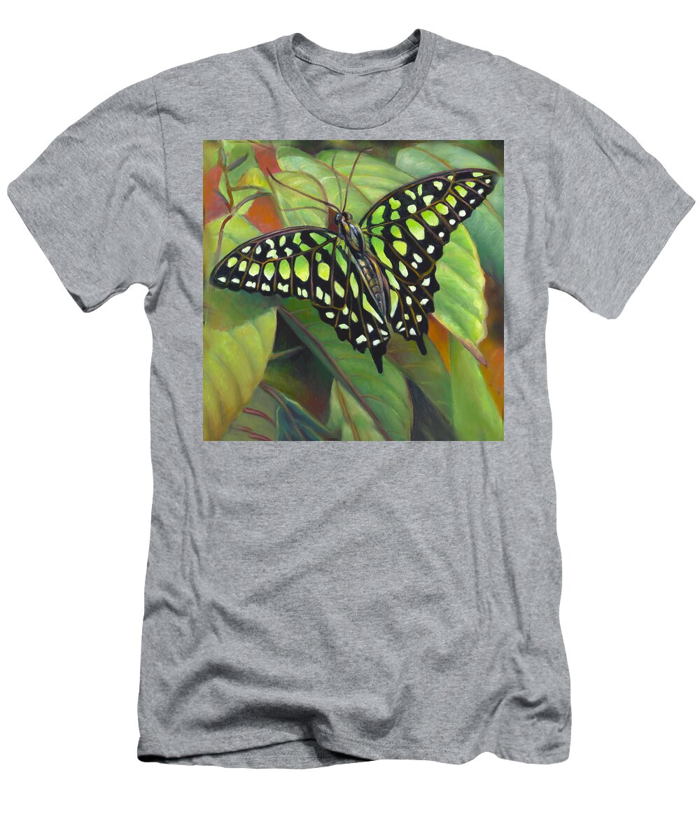 Oil Painting T-Shirt featuring the painting Green Tailed Jay Butterfly by Nancy Tilles