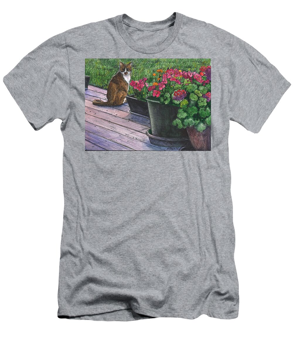 Cat With White Blaze T-Shirt featuring the painting Greeter at the Front Door #3 by Sandi Howell