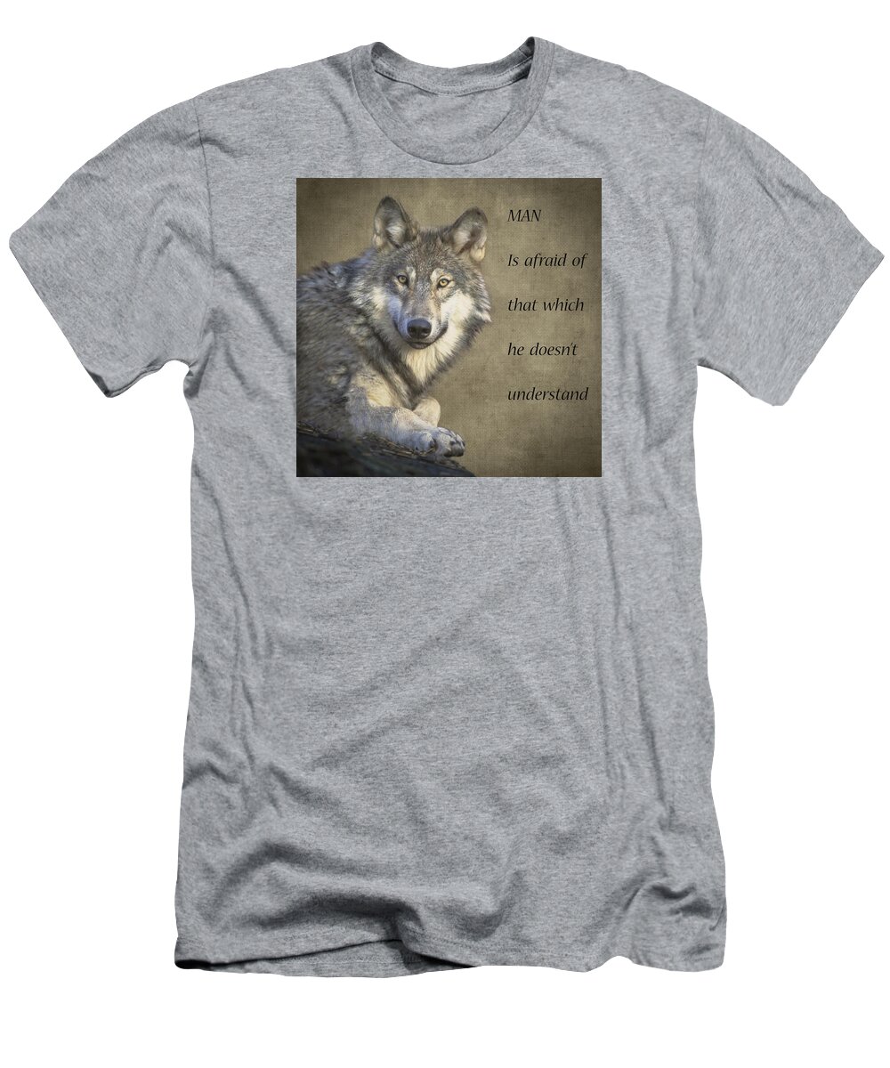 America T-Shirt featuring the digital art Grey Wolf Verse by Roy Pedersen