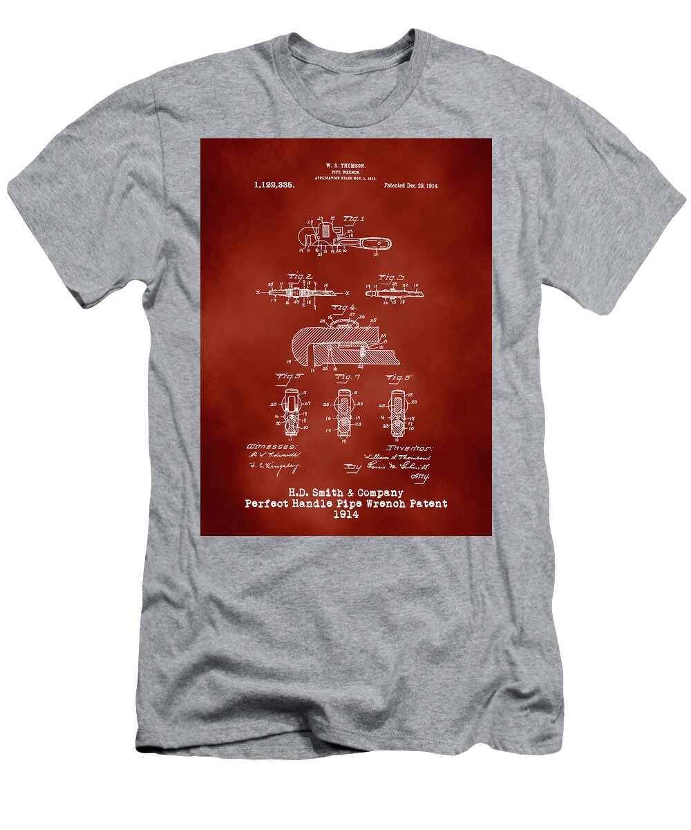 H D Smith T-Shirt featuring the digital art H. D. Smith Perfect Handle Pipe Wrench Patent White on Red by David Smith