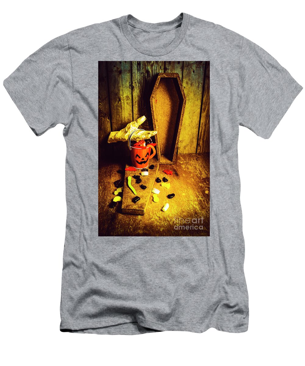 Pumpkin T-Shirt featuring the photograph Halloween trick of treats background by Jorgo Photography