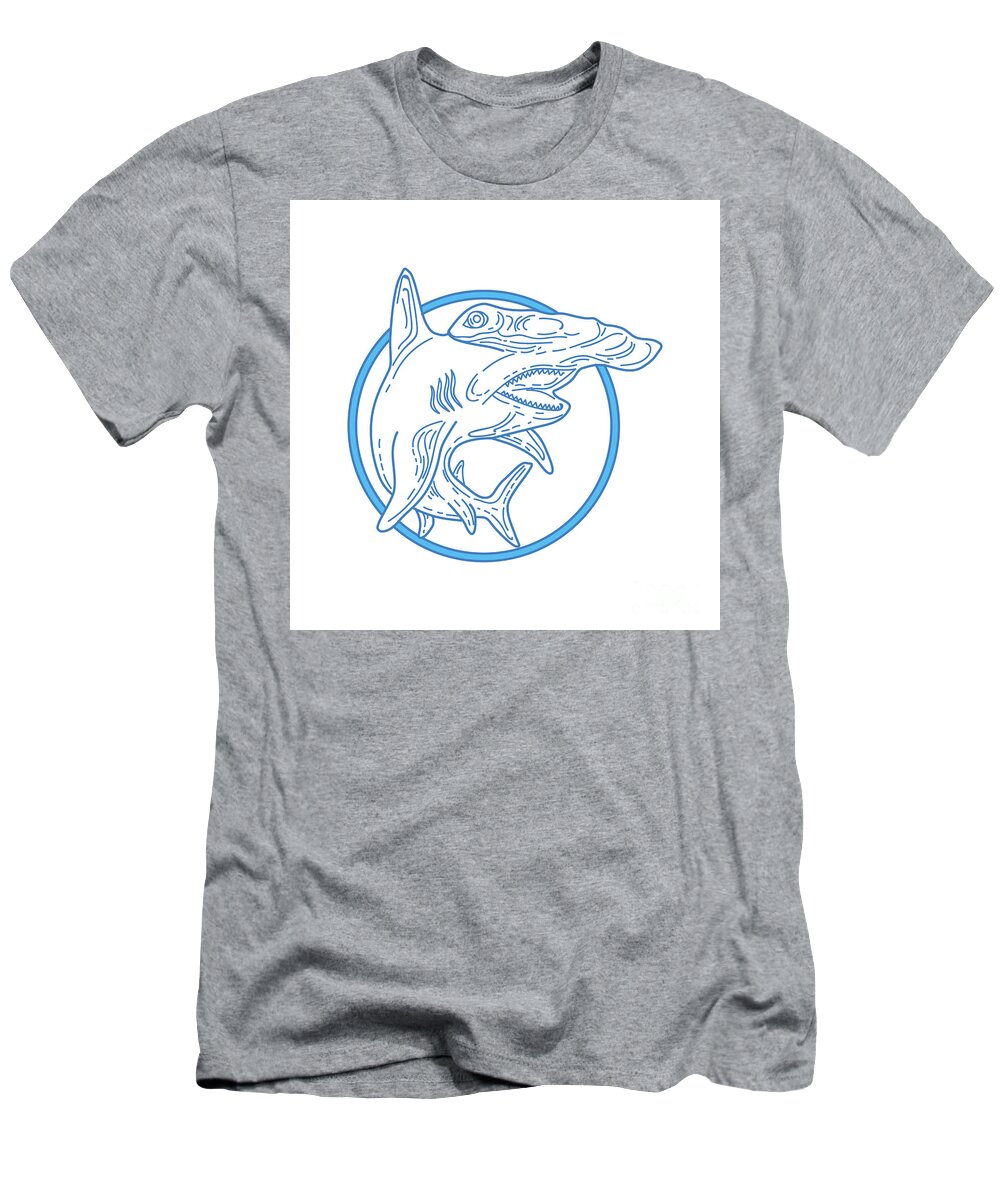 Mono Line T-Shirt featuring the digital art Hammerhead Shark Circle Mono Line by Aloysius Patrimonio
