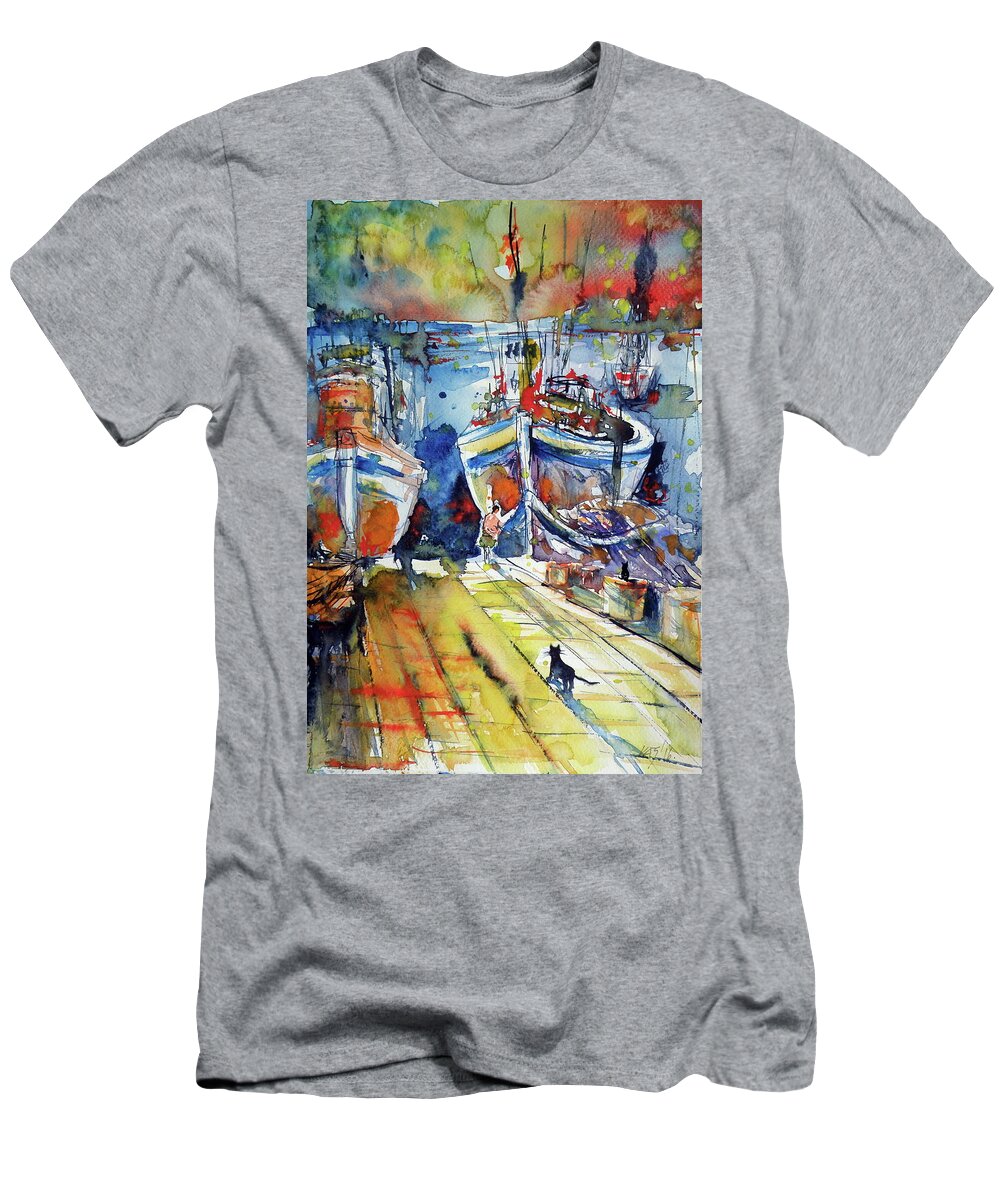 Harbor T-Shirt featuring the painting Harbor with cats by Kovacs Anna Brigitta
