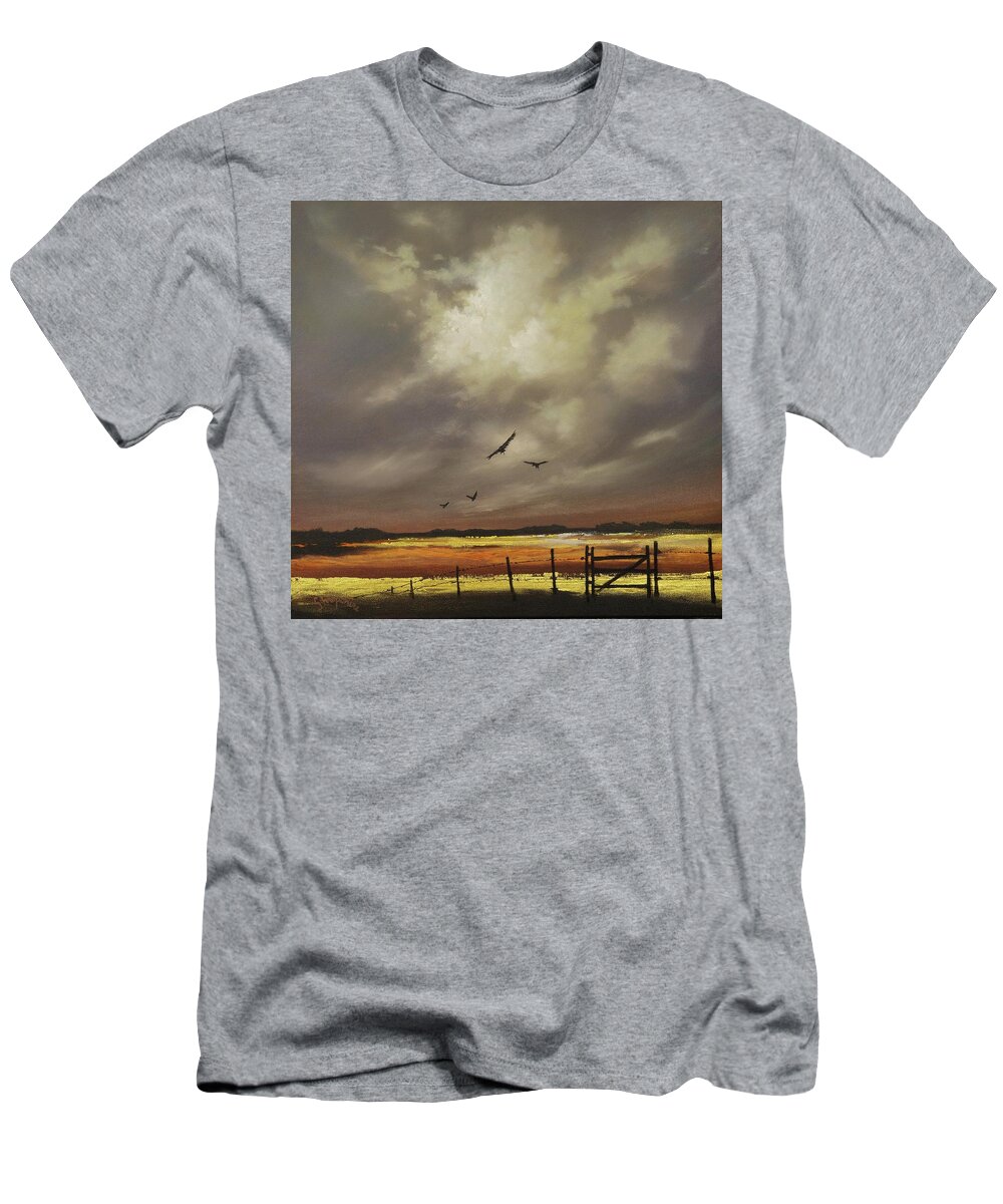 Contemporary Landscape; Orange And Gold; Billowing Clouds; Soaring Birds; Tom Shropshire Painting T-Shirt featuring the painting Harvest Gold by Tom Shropshire