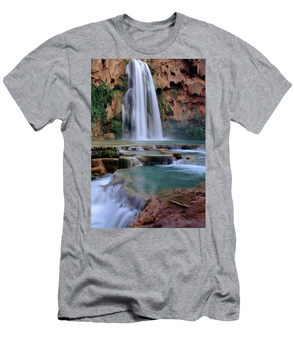 Water Waterfall Canyon Flow South West Usa Wild Pool Calm Havasu Havasupai Green T-Shirt featuring the photograph Havasu Falls by Marco Busoni