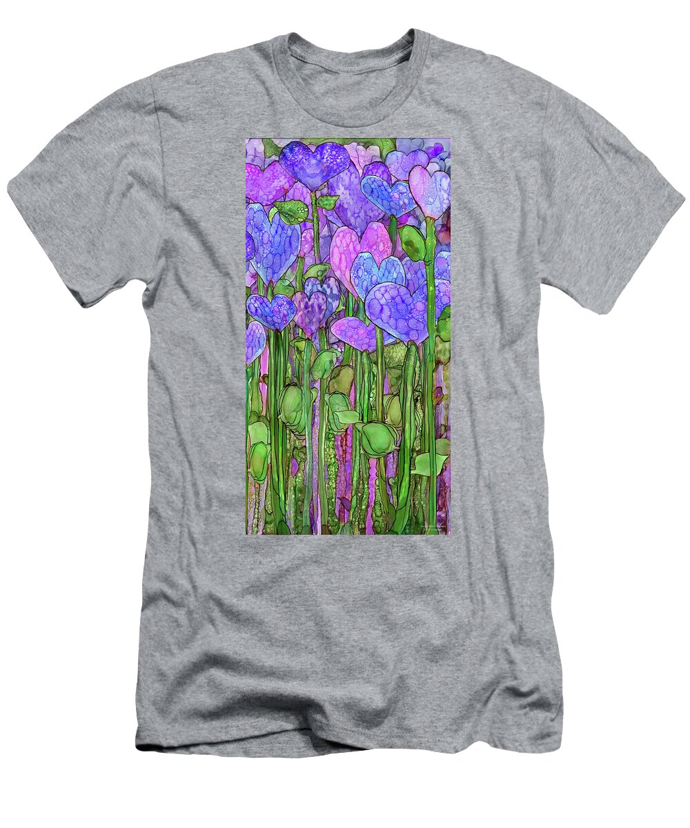 Carol Cavalaris T-Shirt featuring the mixed media Heart Bloomies 2 - Purple by Carol Cavalaris