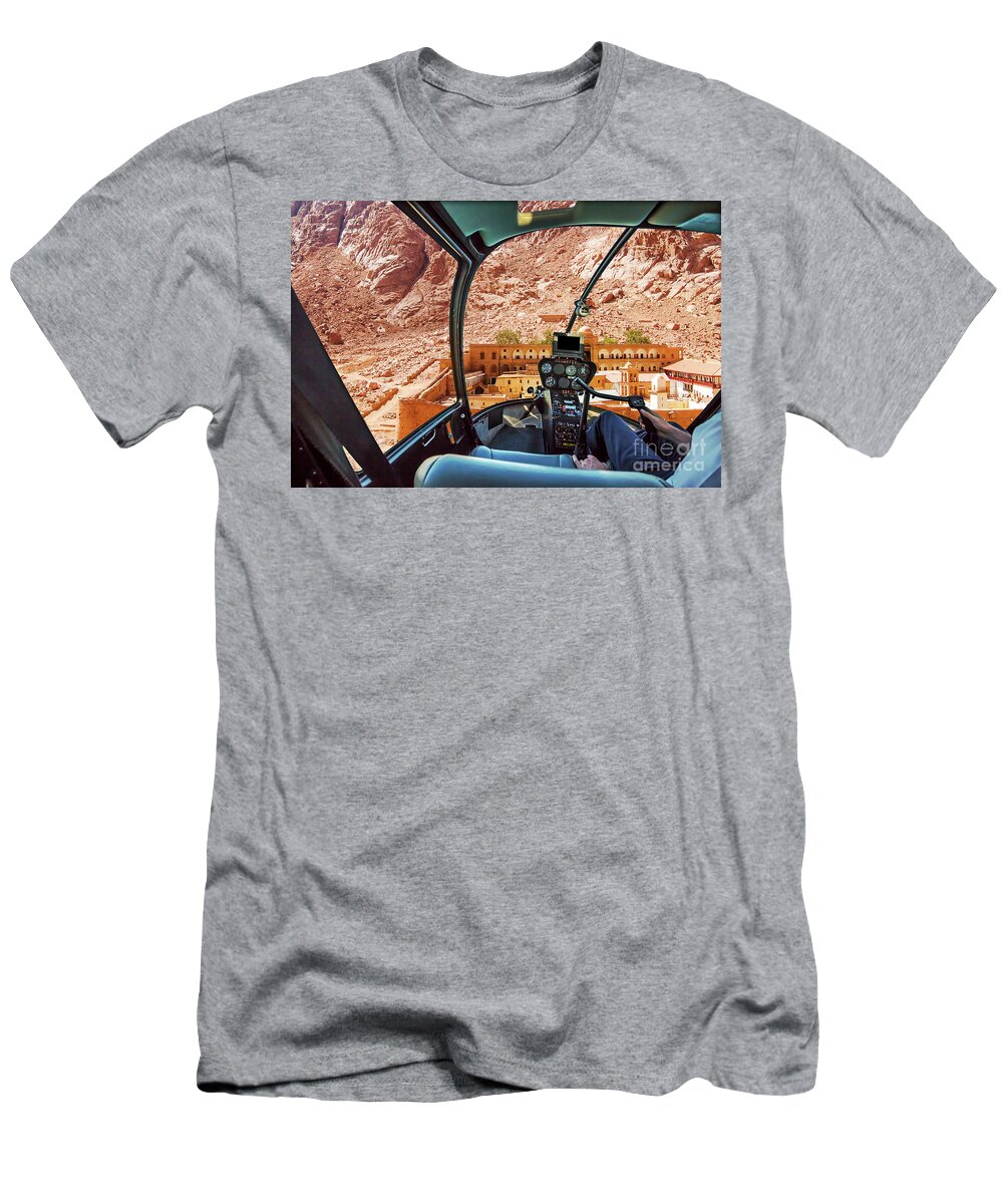 Mount Sinai T-Shirt featuring the photograph Helicopter on Monastery of St Catherine by Benny Marty