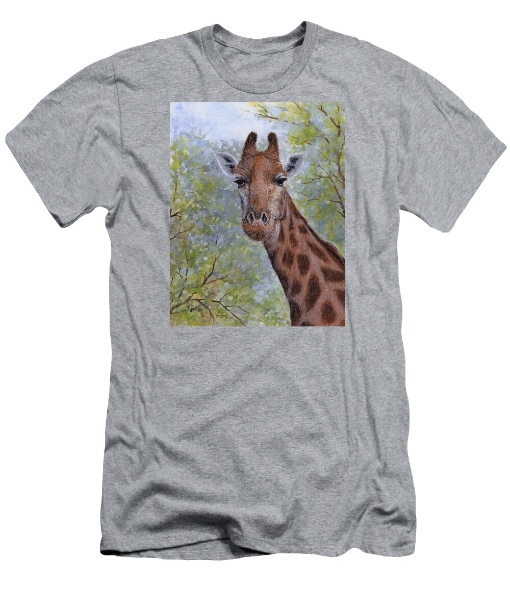 Giraffe T-Shirt featuring the painting Here's Looking at You by June Hunt
