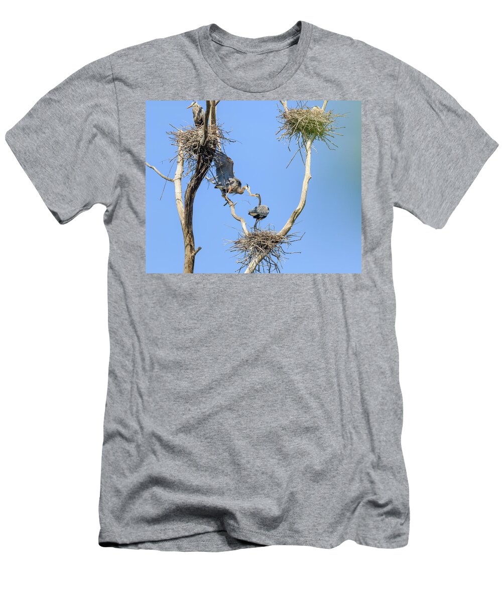 Great Blue Heron T-Shirt featuring the photograph Heron Courting 3 of 6 The Drop by Joni Eskridge