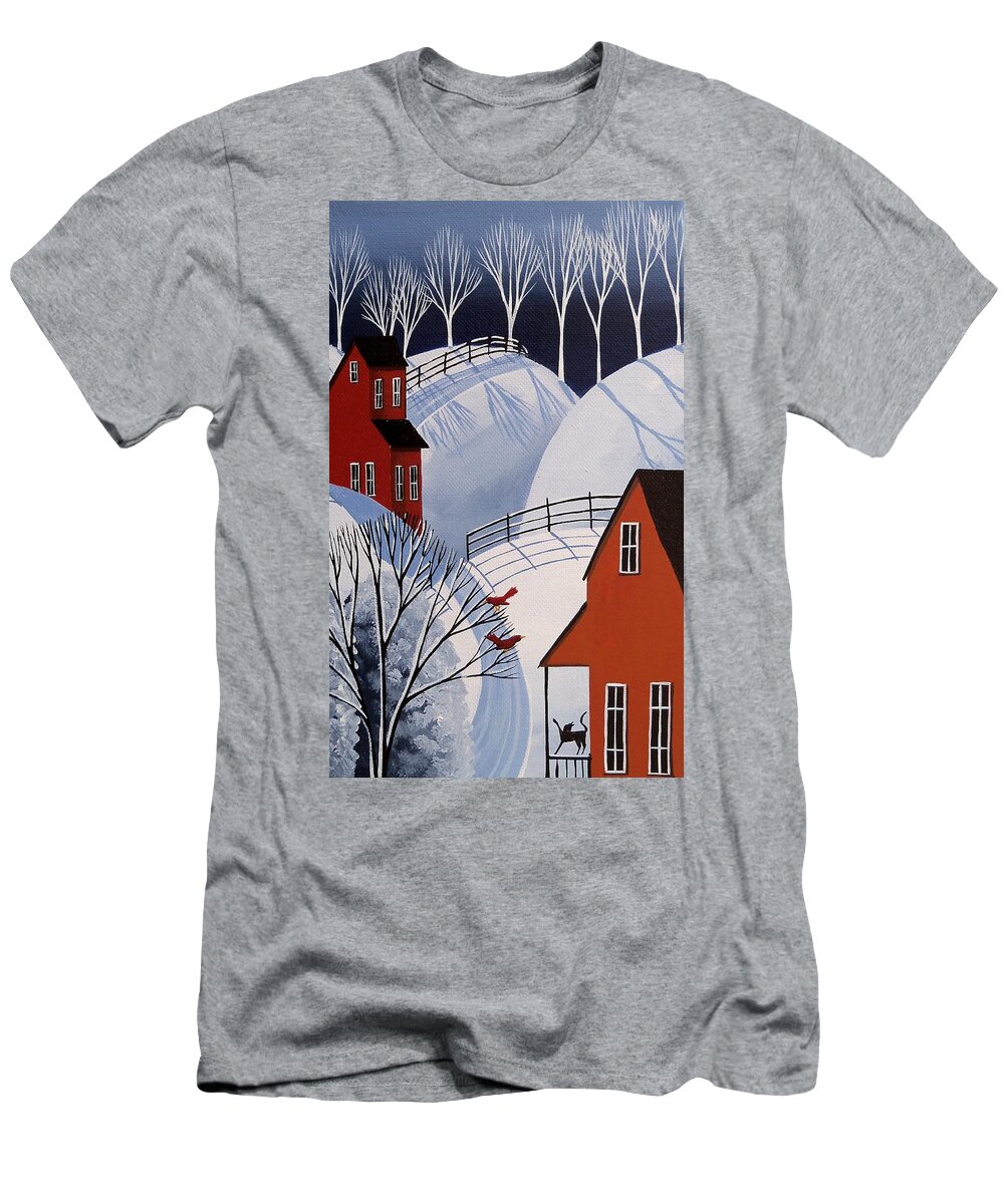 Folk Art T-Shirt featuring the painting Hi Friends - cardinal red bird cat folk art by Debbie Criswell