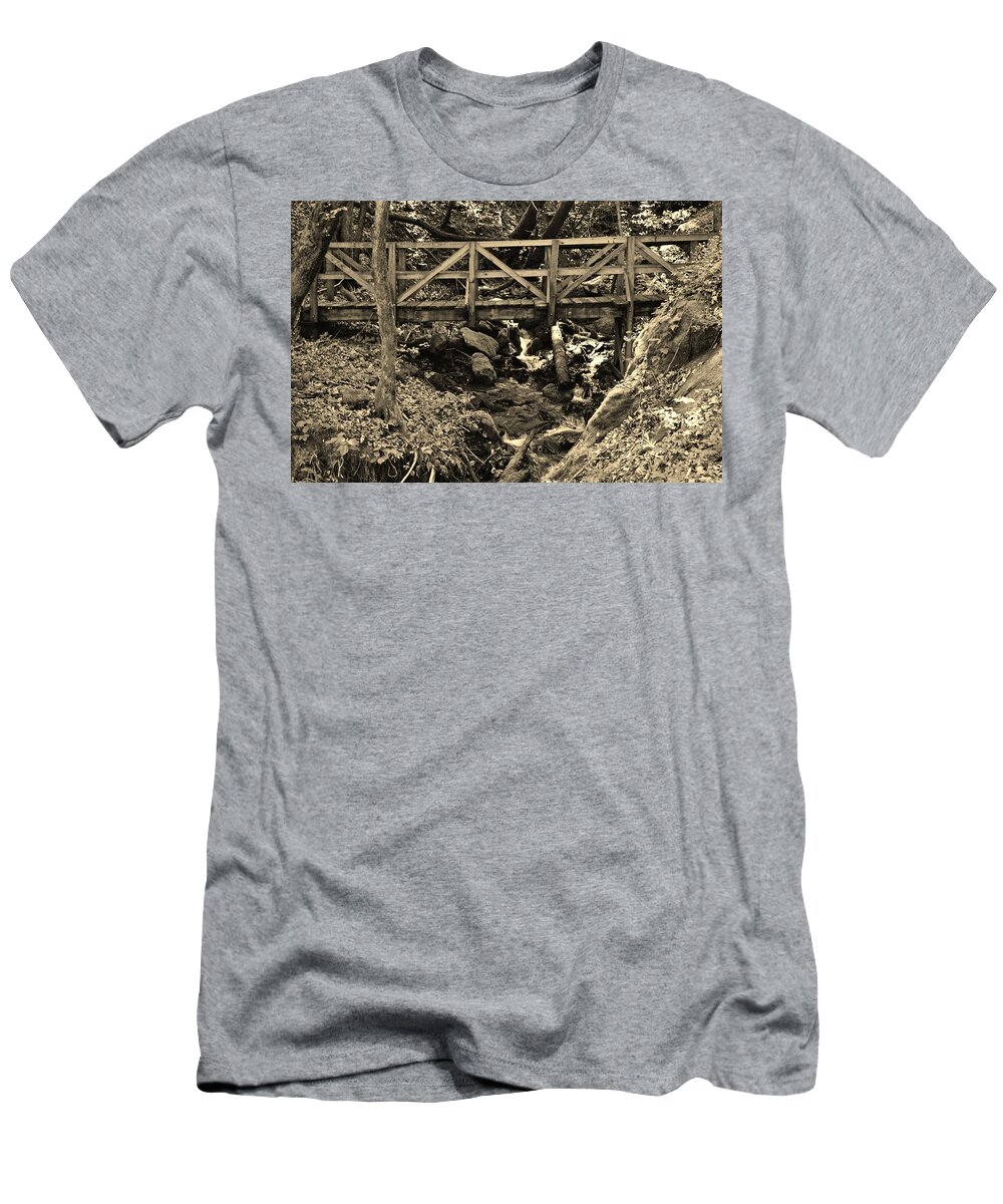Footbridge T-Shirt featuring the photograph hikers Bridge over the Creek by Stacie Siemsen