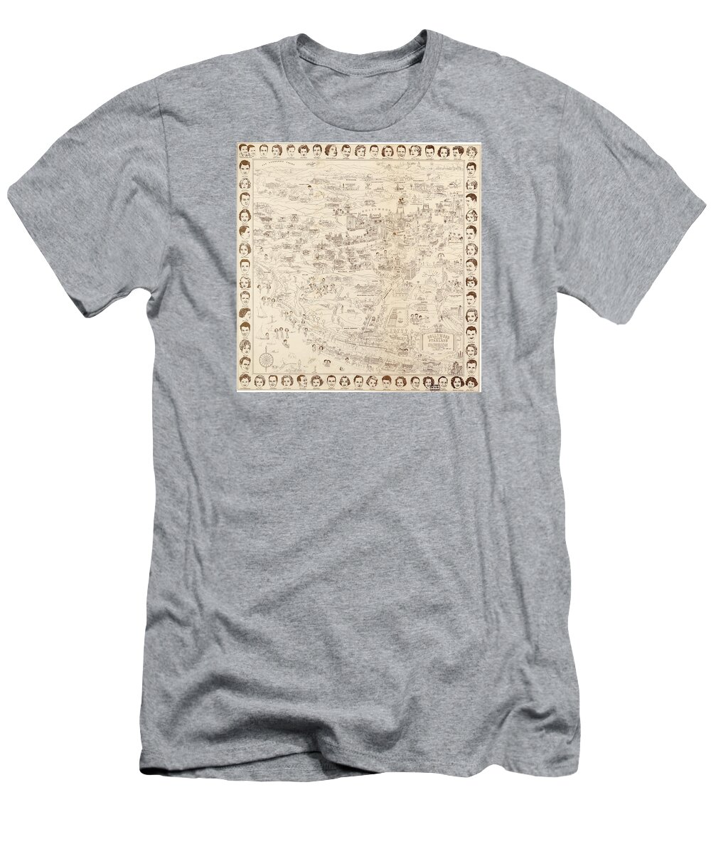 Hollywood Map To The Stars 1937 T-Shirt featuring the painting Hollywood Map to the Stars 1937 by Don Boggs