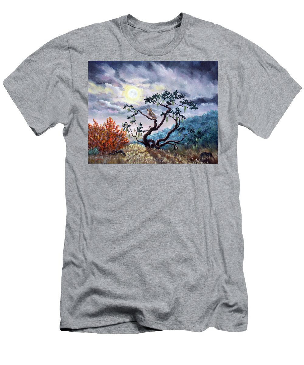Rancho San Antonio T-Shirt featuring the painting Horned Owl on Moonlit Oak Tree by Laura Iverson