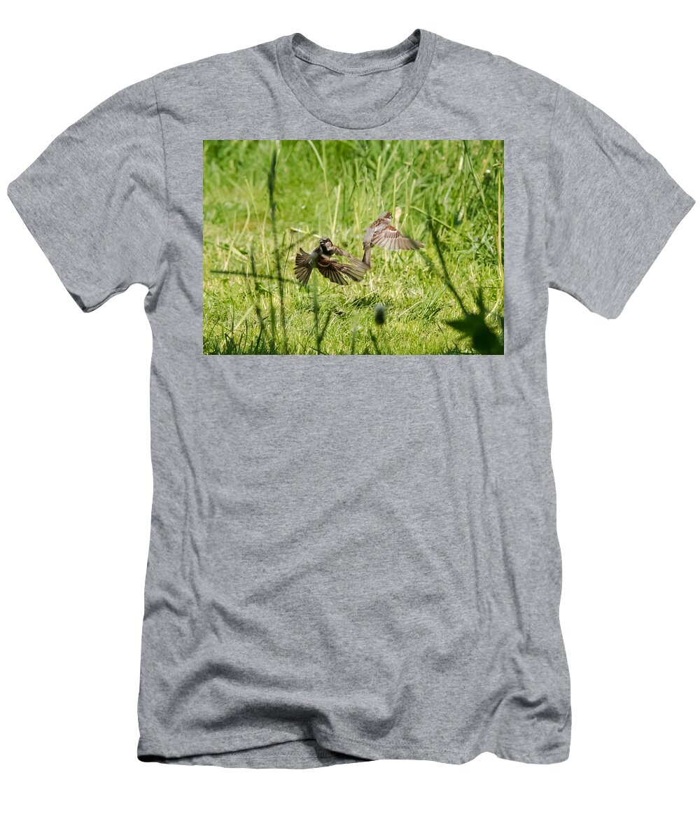 House Sparrows T-Shirt featuring the photograph House Sparrows in Flight by Holden The Moment