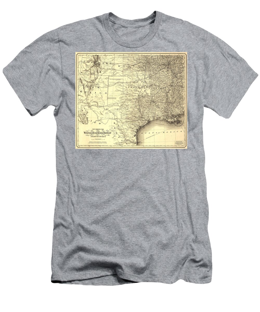 Texas T-Shirt featuring the digital art Houston and Texas Central Railroad, 1867 by Texas Map Store
