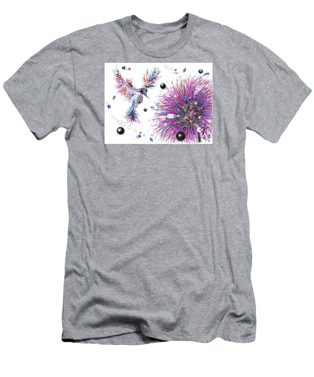 Bird T-Shirt featuring the digital art Humming bird and flower by Darren Cannell