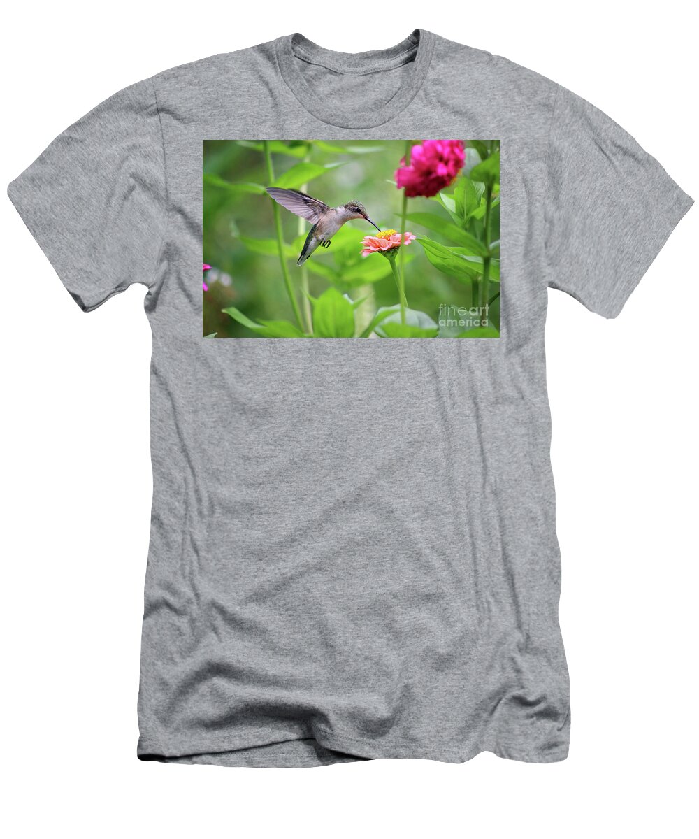 Hummingbird T-Shirt featuring the photograph Hummingbird at Zinnia in Garden by Karen Adams