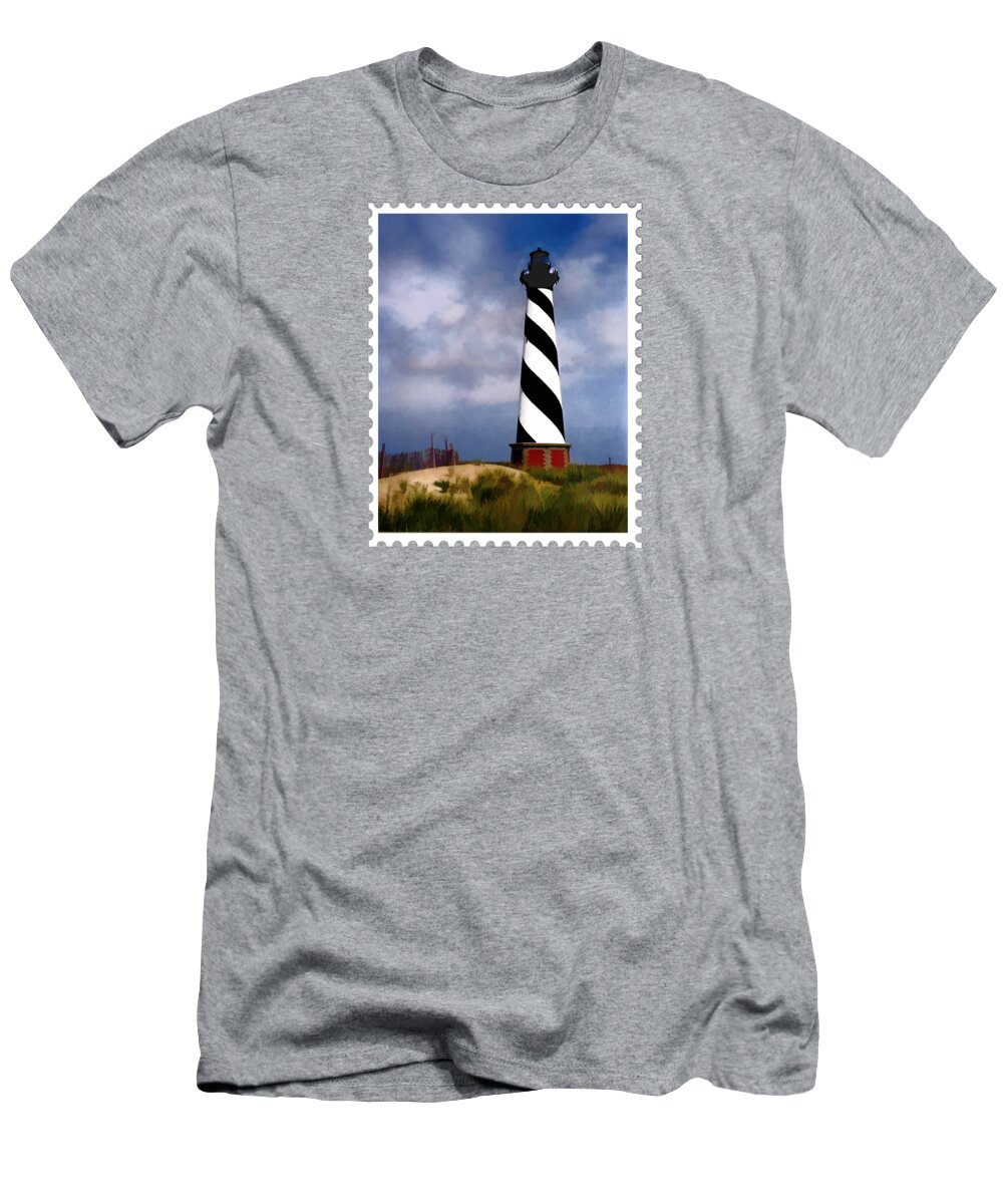 Ocean Shore Beach Lighthouse Stormy Dune Fence North+carolina Outer+banks Cape+hatteras Clouds Sky T-Shirt featuring the painting Hurricane Coming at Cape Hatteras Lighthouse by Elaine Plesser