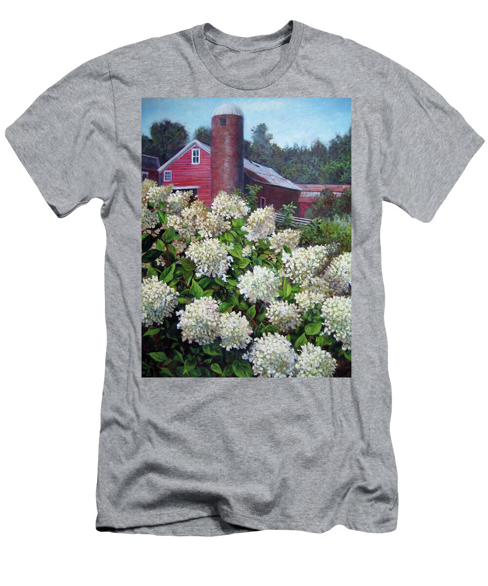 Garden Flowers T-Shirt featuring the painting Hydrangea and Red Barn by Marie Witte