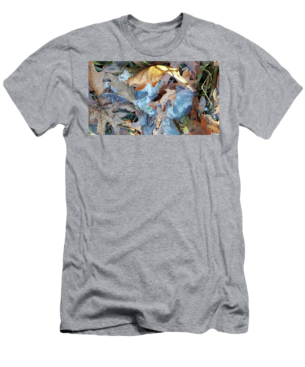Composition T-Shirt featuring the photograph Ice and Fallen Leaves by Lynn Hansen
