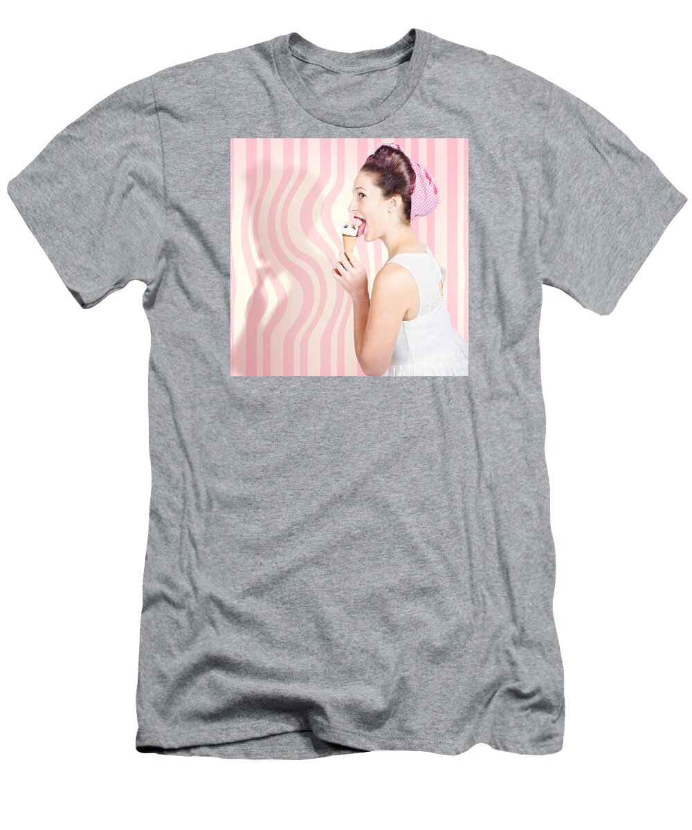 Pin-up T-Shirt featuring the photograph Ice cream pin-up poster girl licking waffle cone by Jorgo Photography