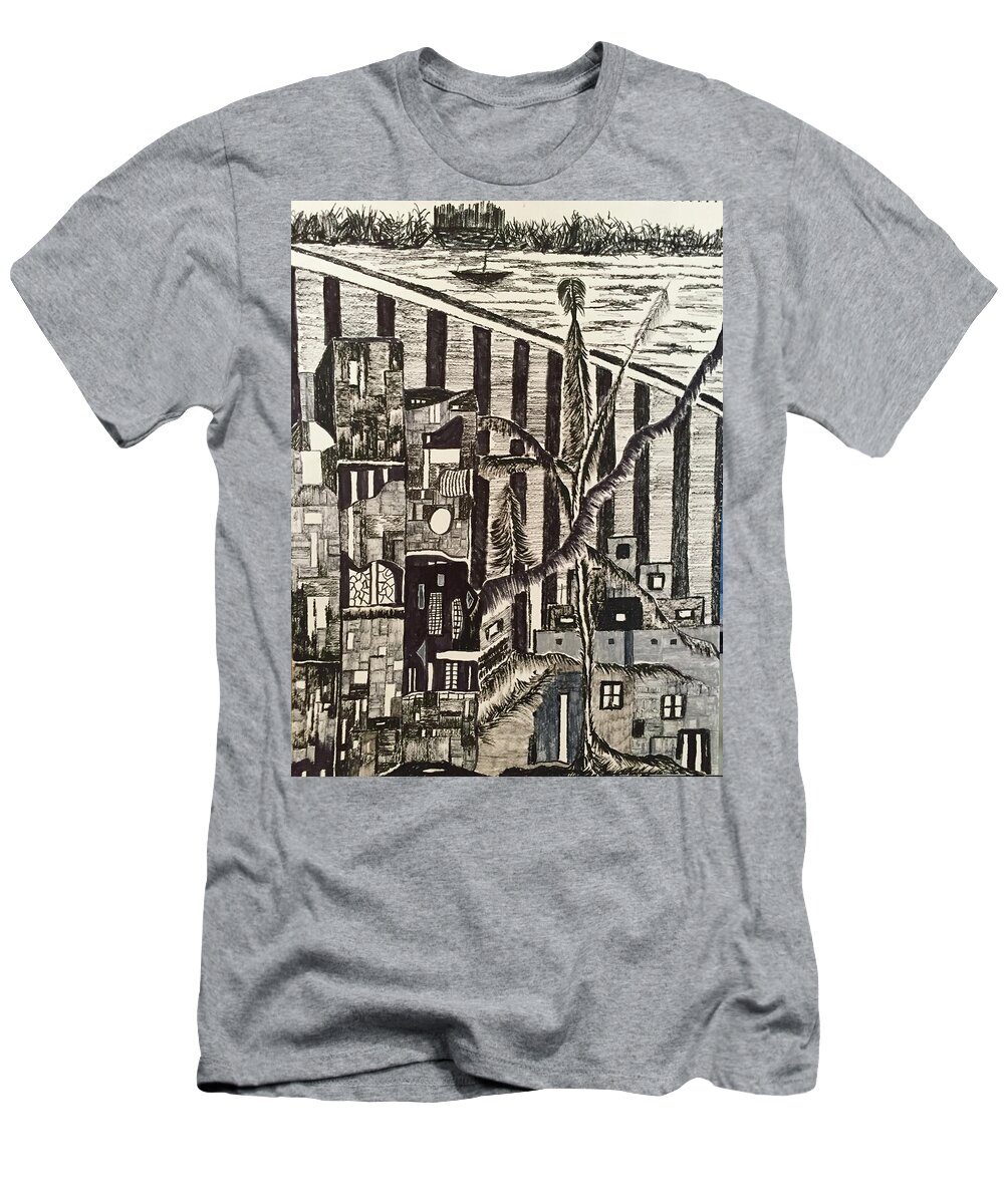 Black & White T-Shirt featuring the drawing Imaginary Resort by Dennis Ellman