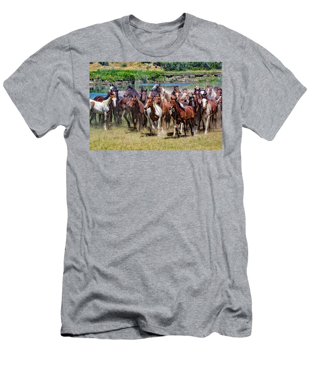 Little Bighorn Re-enactment T-Shirt featuring the photograph Indian Horse Roundup 1 by Donald Pash