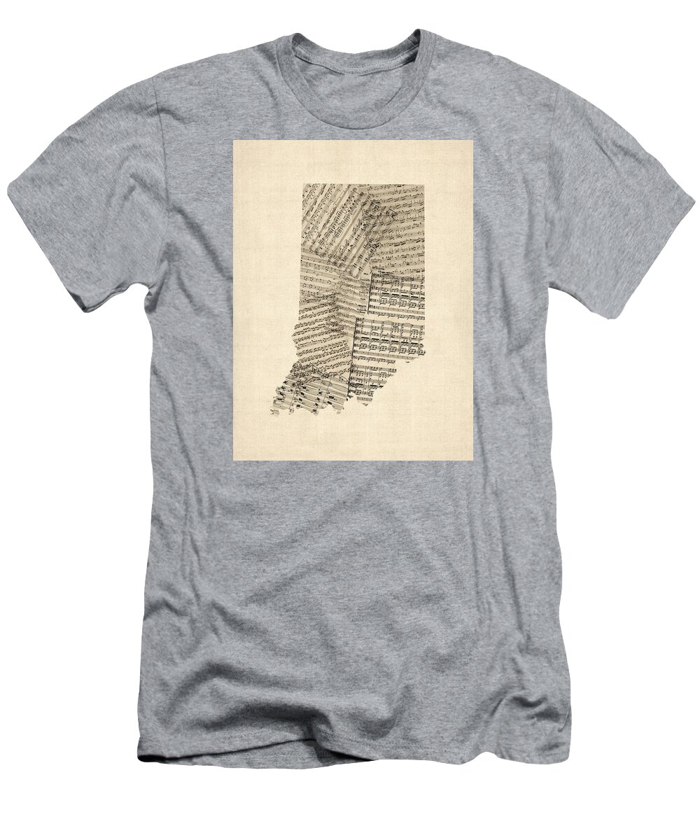 Indiana T-Shirt featuring the digital art Indiana Map, Old Sheet Music Map by Michael Tompsett