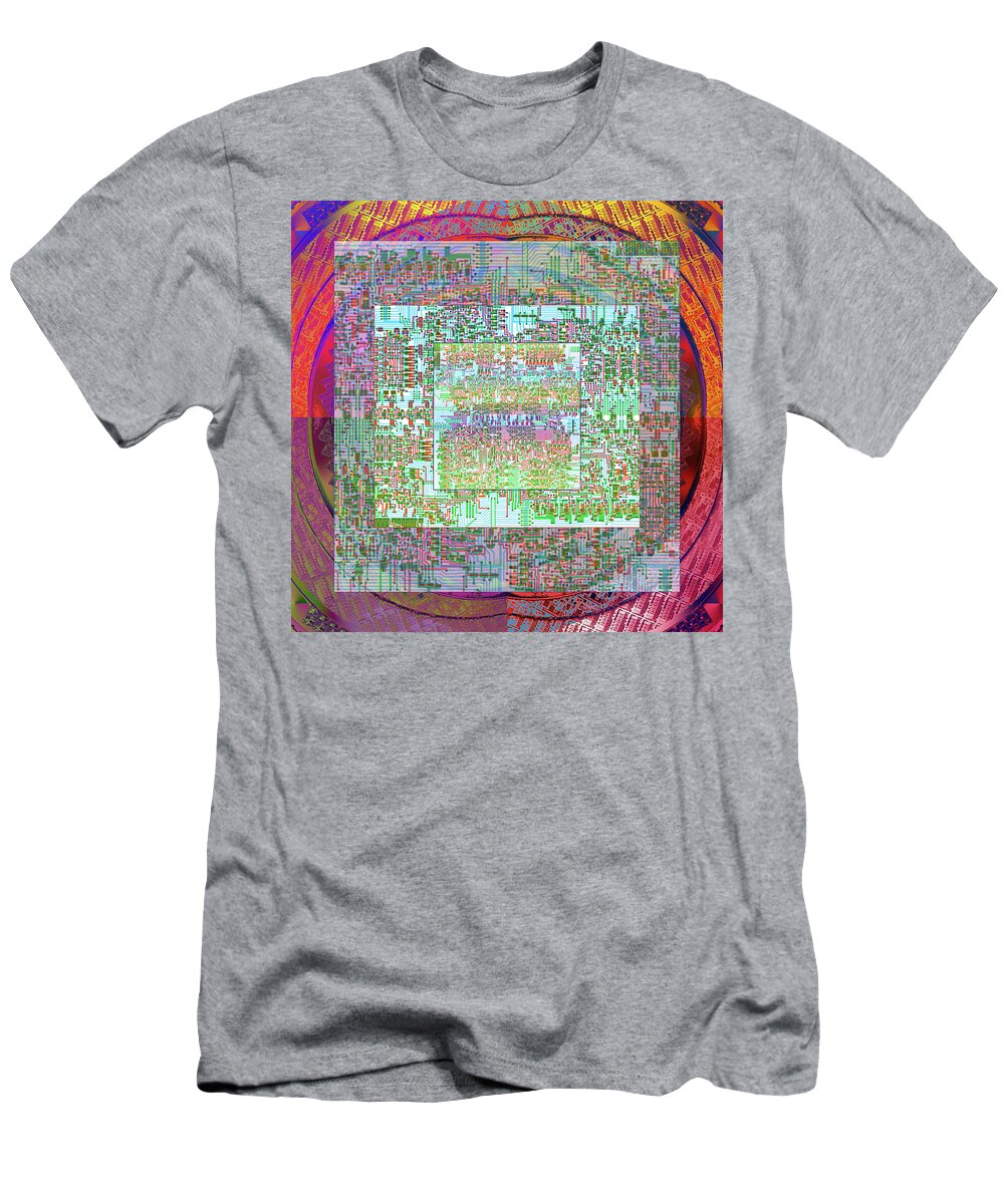 Intel Cpu T-Shirt featuring the digital art Intel 4004 CPU Silicon Wafer computer Chip Integrated Circuit Mask Abstract, Composition 1 by Kathy Anselmo