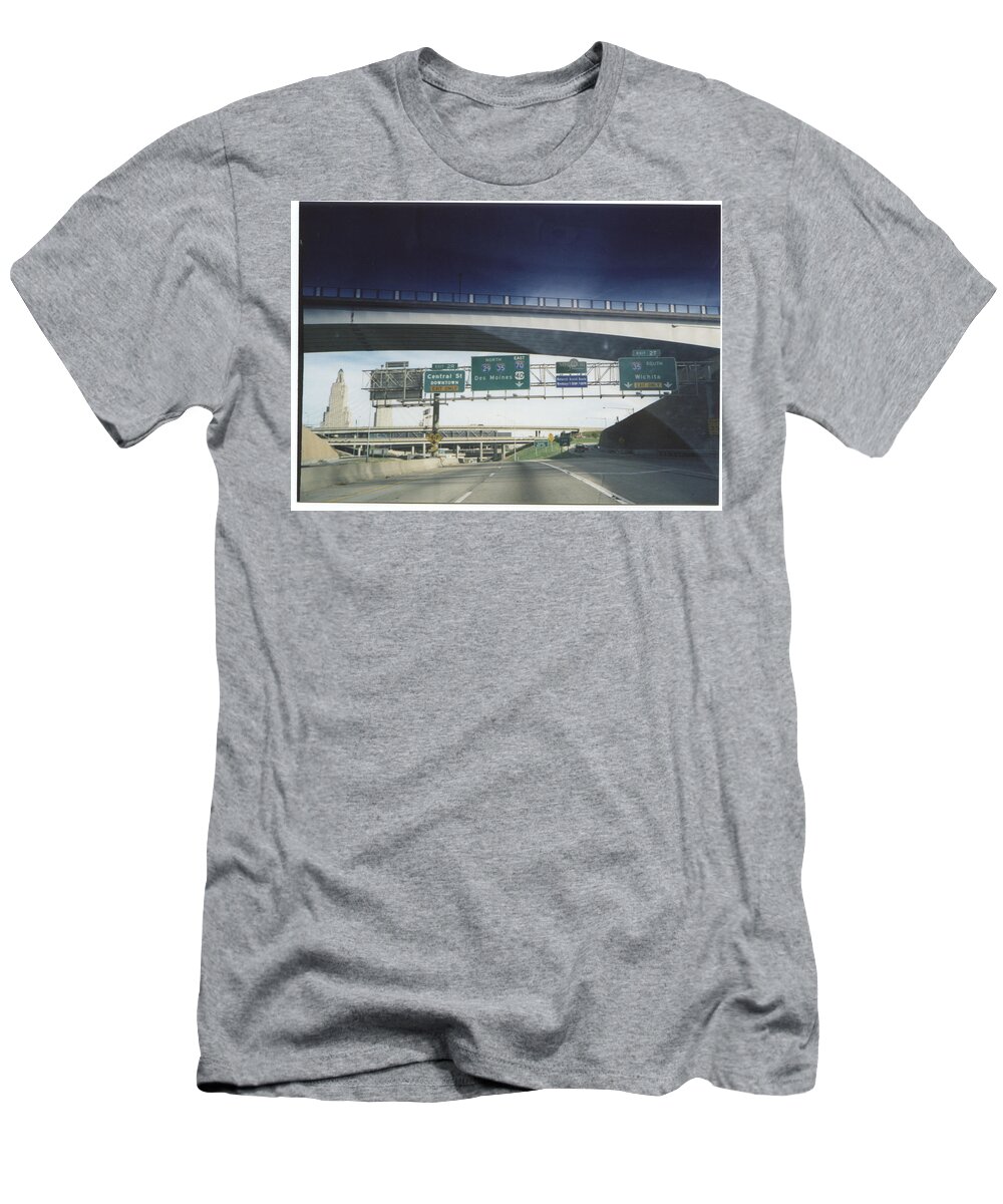 Kansas City T-Shirt featuring the photograph Interstate 670, Alternate 70 East at Exit 2T, Interstate 35 South exit, 1997 by Dwayne