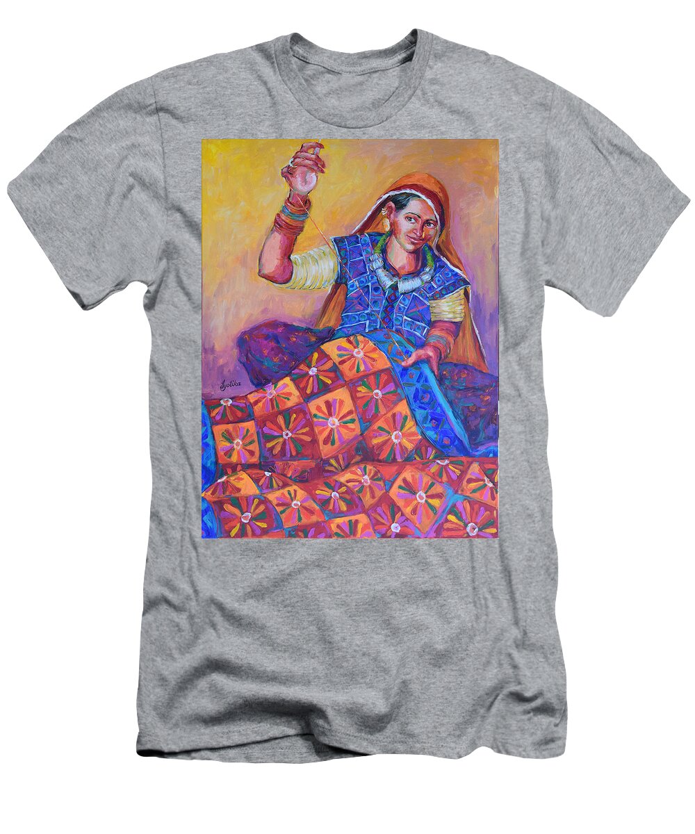 Tribal Woman T-Shirt featuring the painting Joy of Quilting by Jyotika Shroff