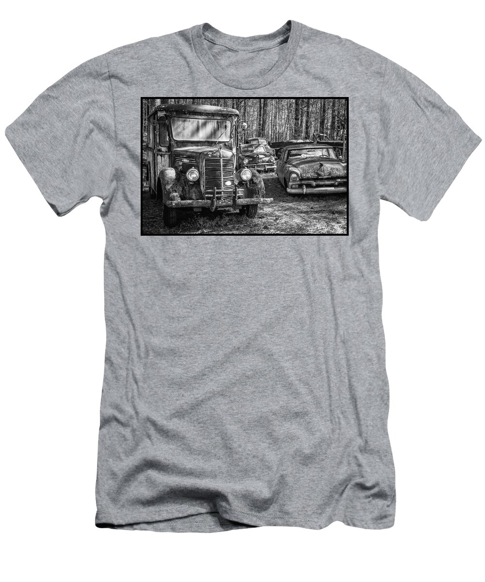 Old Mack Truck T-Shirt featuring the photograph Junked Mack truck ad old Plymouth by Matthew Pace