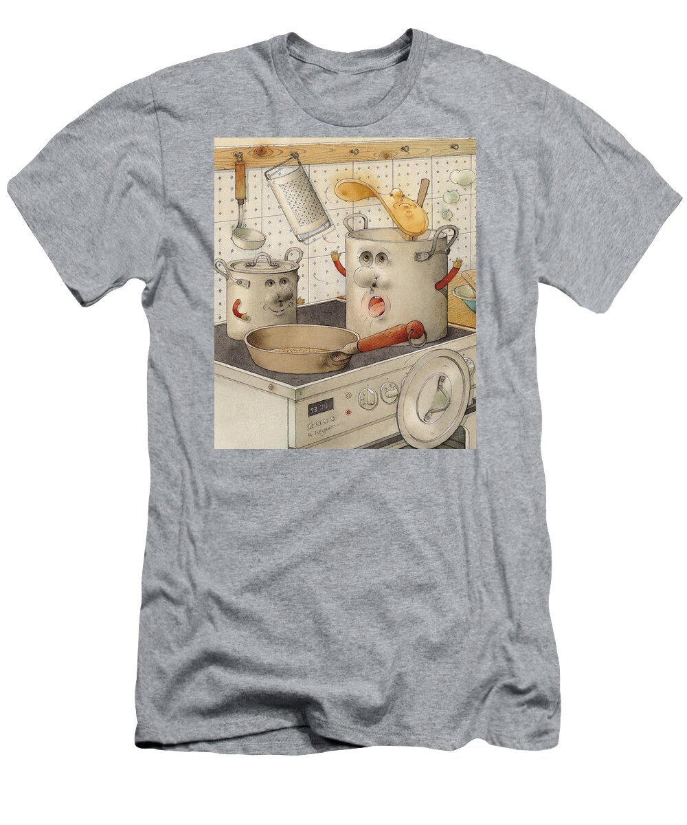 Kitchen Food Accident White Pan Pot Cooker Cooking T-Shirt featuring the painting Kitchen by Kestutis Kasparavicius