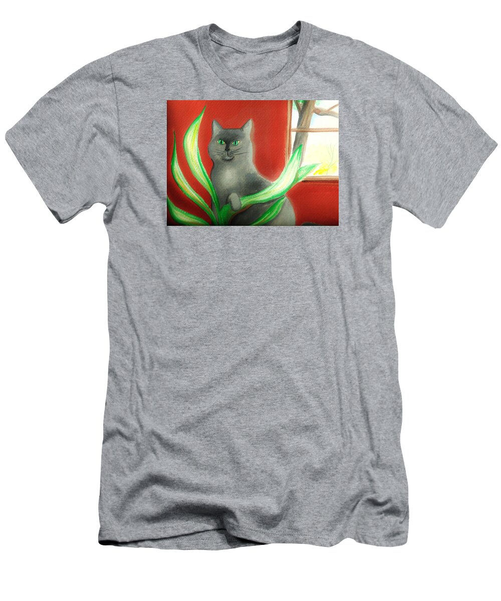Cat T-Shirt featuring the painting Kitty In The Plants by Denise F Fulmer