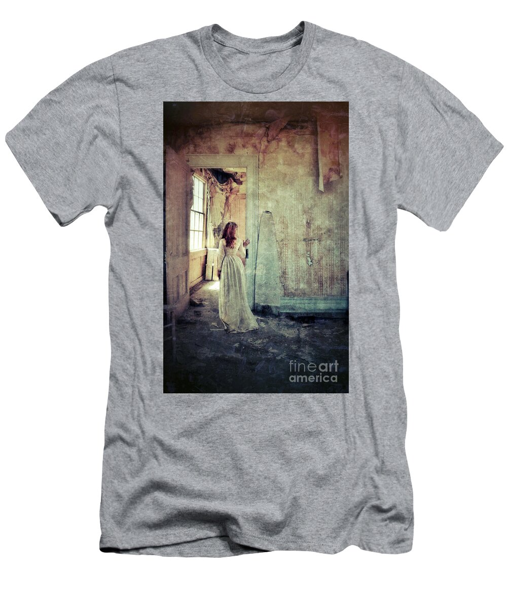 Room T-Shirt featuring the photograph Lady in an Old Abandoned House by Jill Battaglia