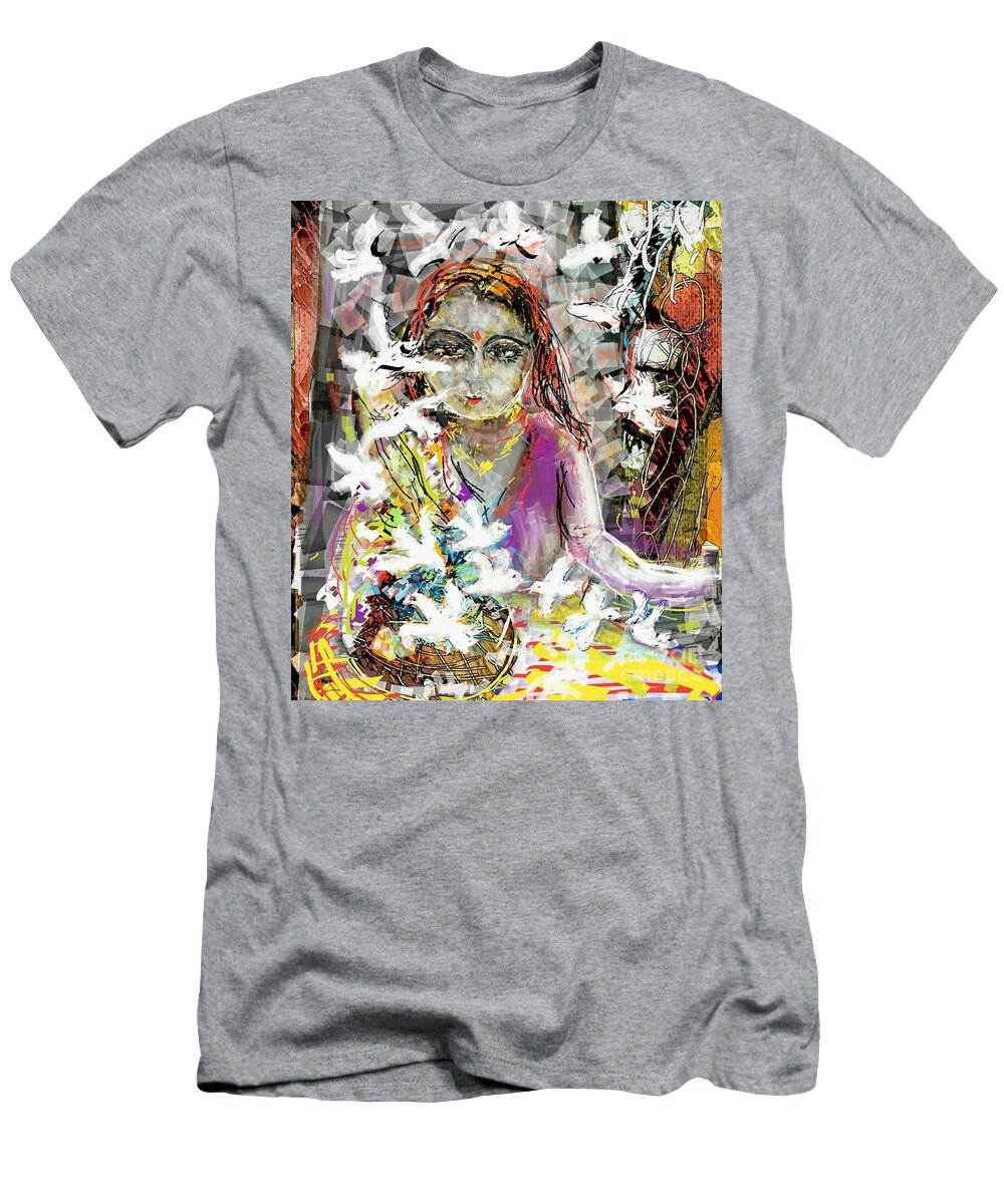 Smartphone Drawing T-Shirt featuring the digital art Lady with birds by Subrata Bose