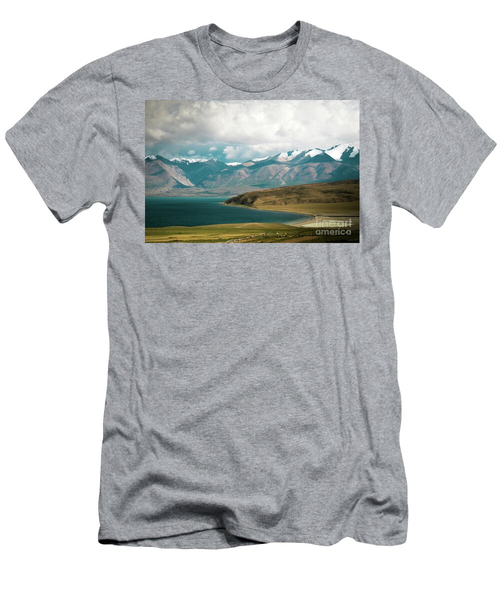 Tibet T-Shirt featuring the photograph Lake Manasarovar Kailas Yantra.lv TIBET by Raimond Klavins