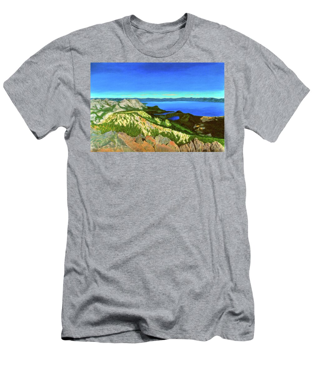 Lake Tahoe T-Shirt featuring the painting Lake Tahoe Panorama by William Frew